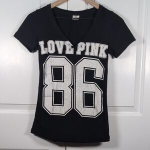 Victoria's Secret PINK Black V-Neck Graphic Tee 86 Love Pink Y2K Aesthetic XS